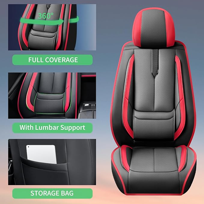Fit Santa Cruz Car Seat Covers for Hyundai Santa Cruz 2022-2025 2026-Upgraded Premium Waterproof & Breathable Leather,Airbag Compatible,All-Weather Seat Cushion Protector,Full Set,Black-Red