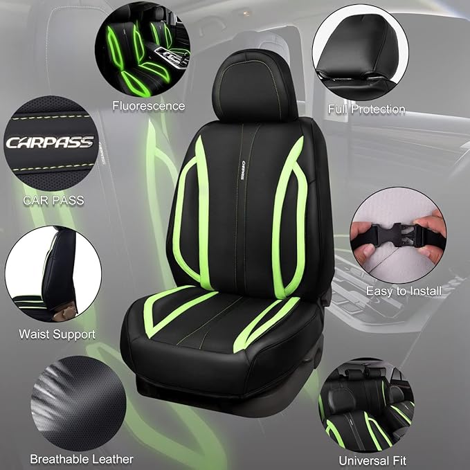 CAR PASS Fluorescent Green & Nappa Leather Seat Covers Full Set, with Backrest Cushion Protector Waist Protection Universal Fit for SUV Pick-up Truck, Automotive Vehicle Interior (Black Green)