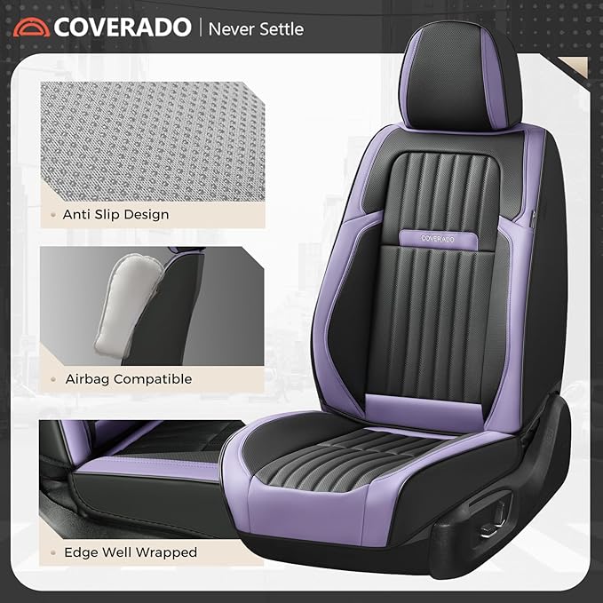 Coverado Car Seat Covers Full Set, Seat Covers for Cars, Car Seat Cover, Car Seat Protector, Leather Car Seat Cushion, Waterproof Car Seat Covers Front Seats and Back Fit for Most Cars(Purple&Black)