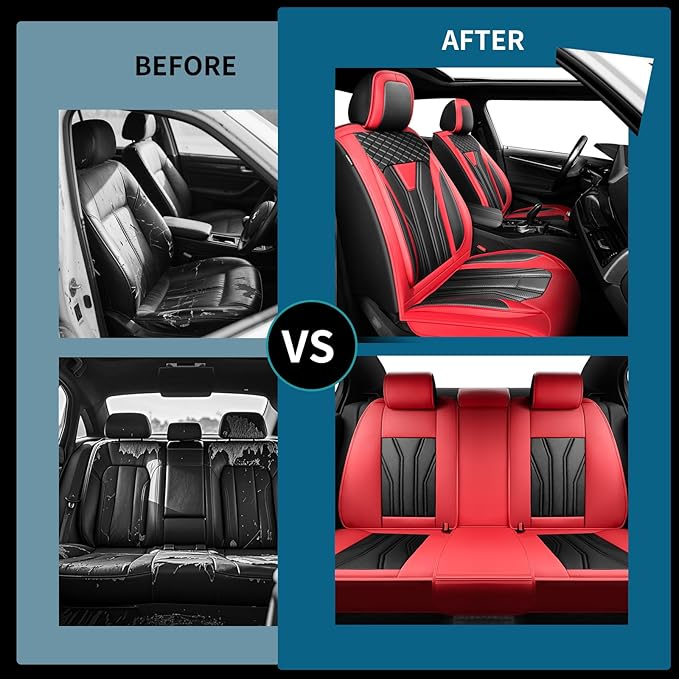 Fit Frontier Car Seat Covers Premium Leather for Nissan Frontier 2009-2025 2026. Waterproof， Breathable, Scratch-Resistant & All-Weather Seat Cushion Protector（Full Set,Red&Black