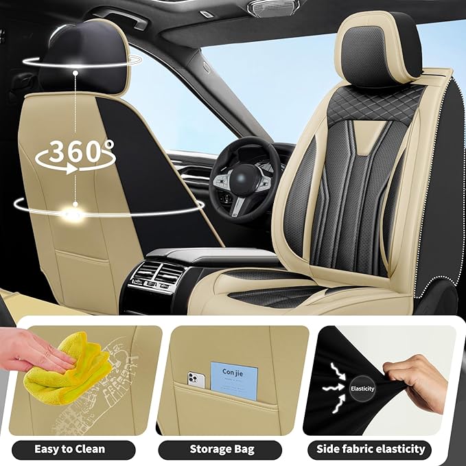 Fit Frontier Car Seat Covers Premium Leather for Nissan Frontier 2009-2025 2026. Waterproof， Breathable, Scratch-Resistant & All-Weather Seat Cushion Protector（Full Set,Beige&Black
