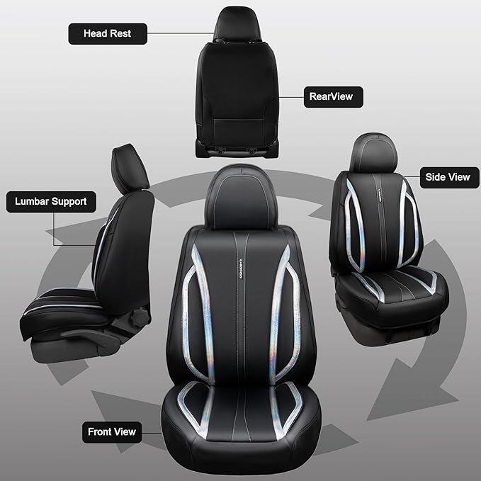 CAR PASS Nappa Leather Seat Covers, Waterproof Durable Universal fit for Women Girly SUV Truck,Anti-Slip Driver Seat Cover with Backrest, full set 5 Holographic Black Silver strips Iridescent colorful