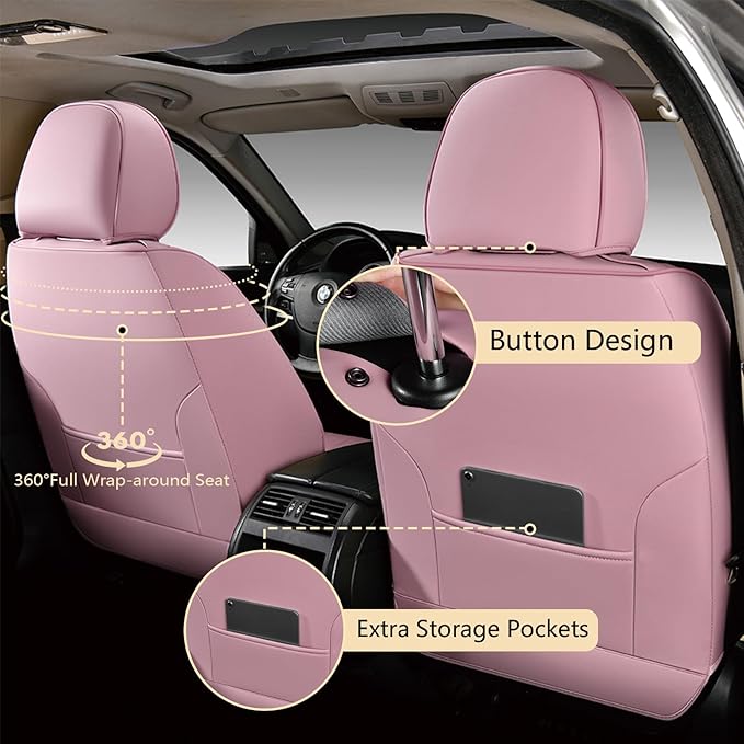 FLORICH Car Seat Cover Full Set, Automotive Vehicle Seat Cushions, Luxury Waterproof Leather Car Seat Protectors, Car Seat Cushions Universal Fit for Most Sedans SUVs Trucks - Pink