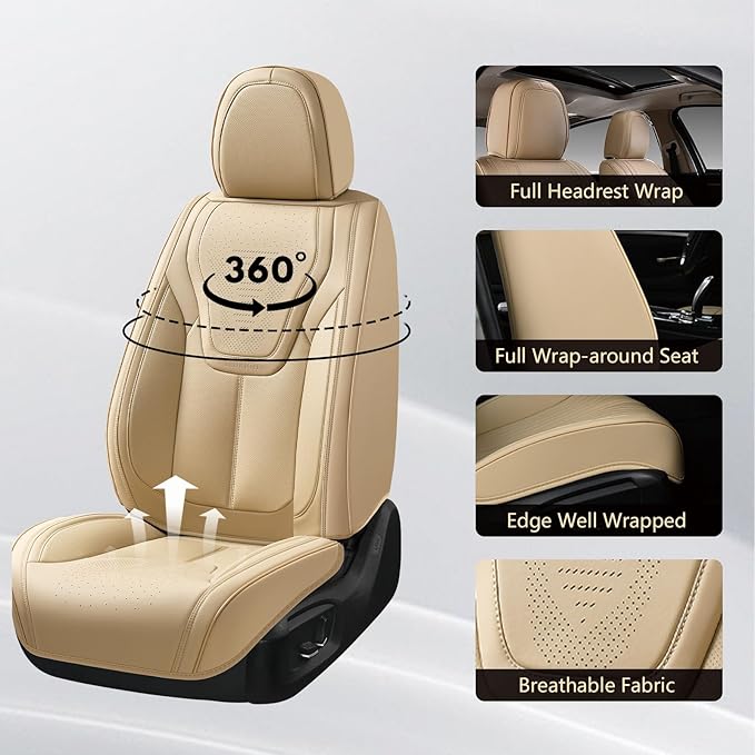 FLORICH Seat Covers, Front Car Seat Covers Luxury Waterproof Faux Leather Seat Covers Cushion, Car Seat Protectors Universal Fit for Most 5 Seats Vehicles - Beige