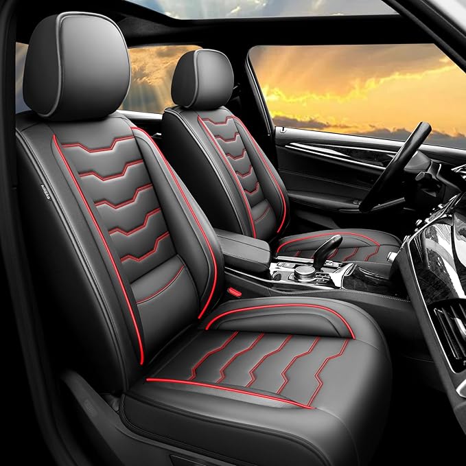 Fit Frontier Car Seat Covers Premium Leather for Nissan Frontier 2009-2025 2026. Waterproof， Breathable, Scratch-Resistant & All-Weather Seat Cushion Protector（Full Set,Red Line Black