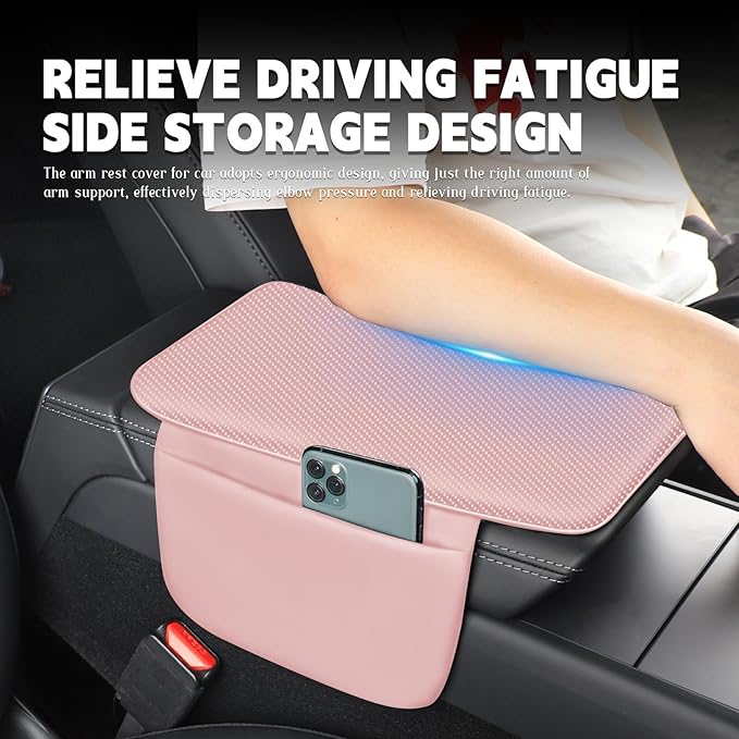 Car Armrest Cover Pad - Nappa Leather Car Center Console Cover with Breathable Holes, Non-Slip Auto Arm Rest Cushion, Universal Car Interior Accessories Fit forTesla Model Y (Pink)