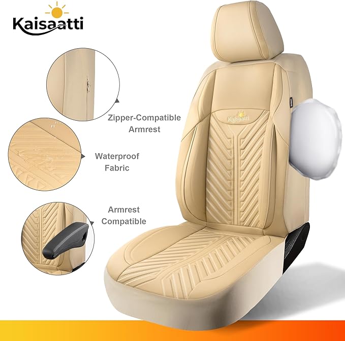 PU Leather Car Seat Covers Front Set – Waterproof seat Cover for Cars，3D Foam Support Automotive seat Covers ，Airbag Compatible, Universal Fit for Cars SUVs Trucks Sedans（Khaki）