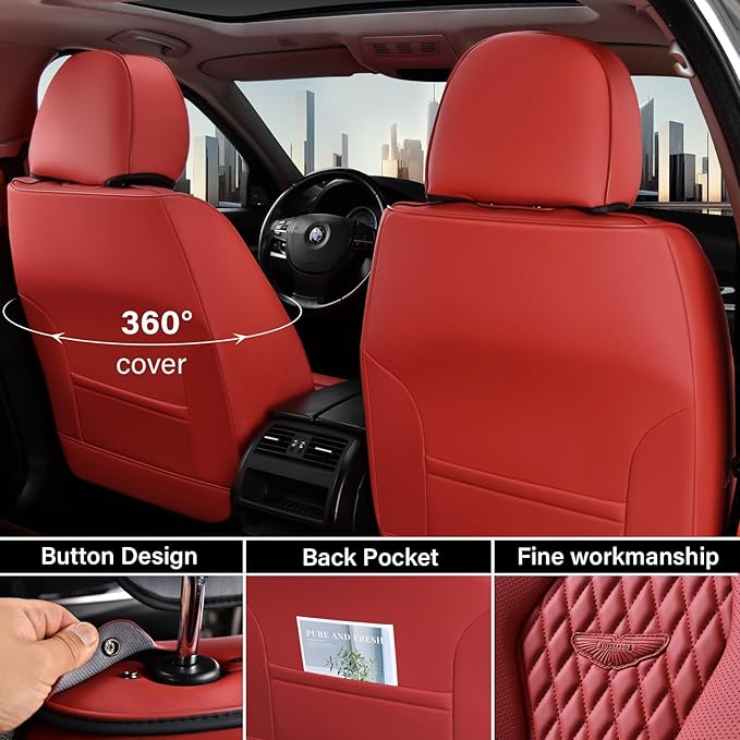 Coverado Seat Covers, Car Seat Covers Full Set, Red Car Seat Cover, Car Seat Covers Front Seats Back Seat Covers, Waterproof Car Seat Cushion, Leather Seat Protector Universal Fit Most Cars