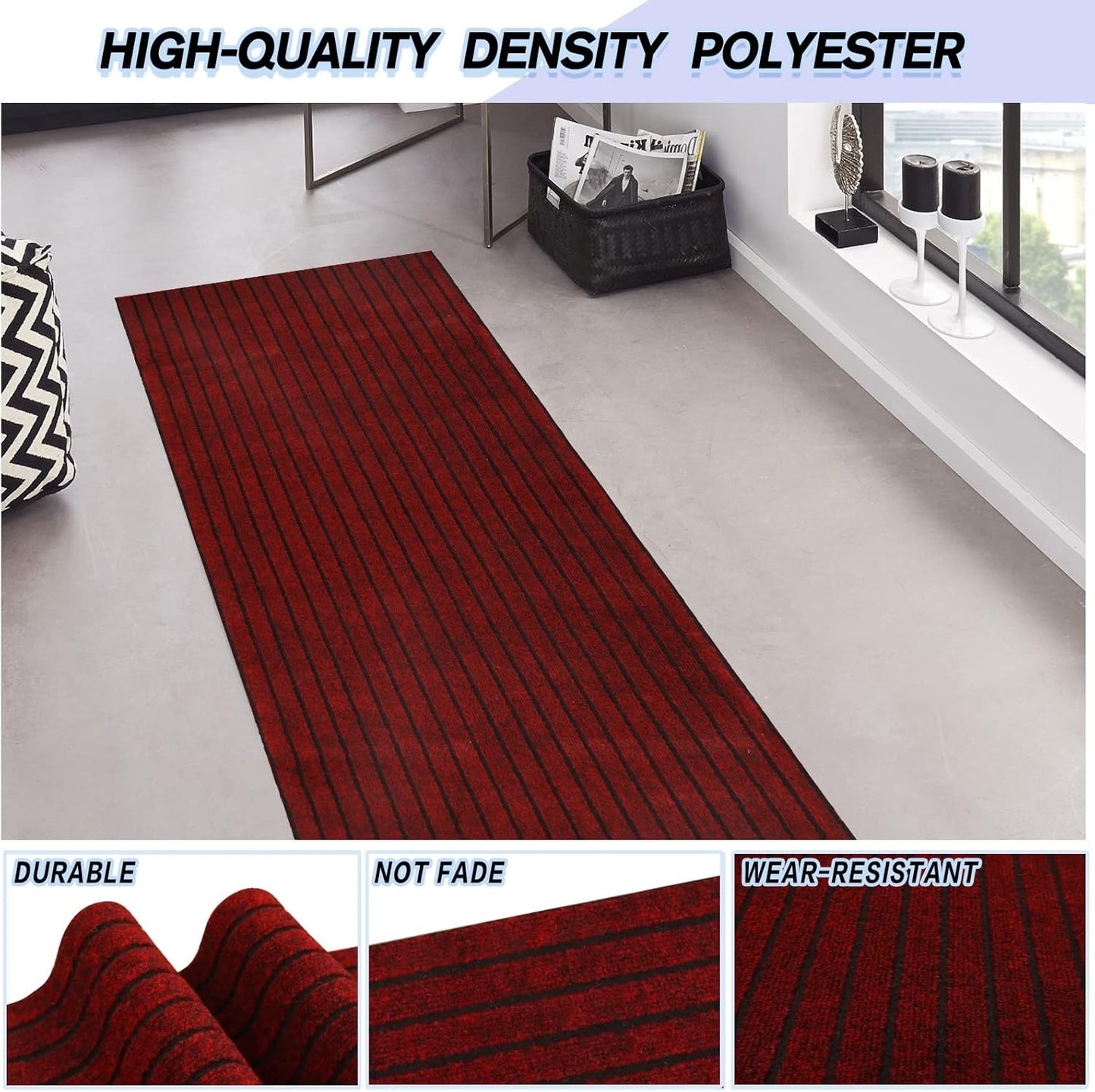 Custom Size Backed Non-Slip Area Rugs Runner, Easy Clean, Waterproof Runner Rugs for Hallway Entryway, Kitchen, Laundry, 2FT x 16FT, Red Stripe