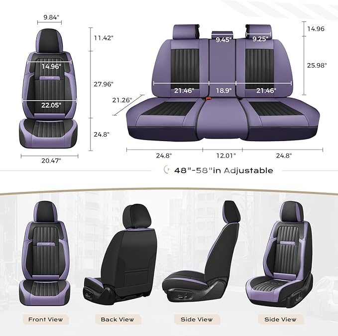 Coverado Car Seat Covers Full Set, Seat Covers for Cars, Car Seat Cover, Car Seat Protector, Leather Car Seat Cushion, Waterproof Car Seat Covers Front Seats and Back Fit for Most Cars(Purple&Black)