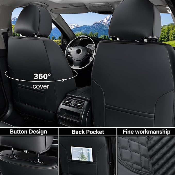 Coverado Car Seat Covers Full Set, Leather Seat Covers for Cars, Waterproof Front and Rear Automotive Seat Cover Car Accessories Universal Fit for Most Cars SUV Trucks(Black)