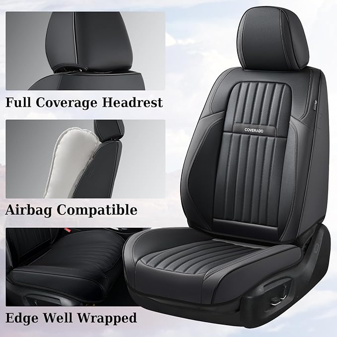 Coverado Car Seat Covers Full Set, Seat Covers for Cars, Black Car Seat Cover, Car Seat Protector, Nappa Leather Car Seat Cushion, Waterproof Car Seat Covers Front Seats and Back Fit for Most Cars
