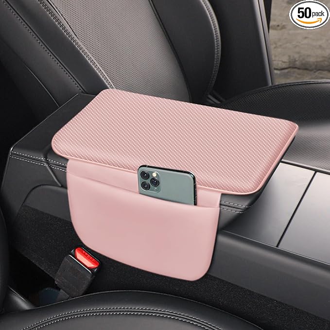 Car Armrest Cover Pad - Nappa Leather Car Center Console Cover with Breathable Holes, Non-Slip Auto Arm Rest Cushion, Universal Car Interior Accessories Fit forTesla Model Y (Pink)