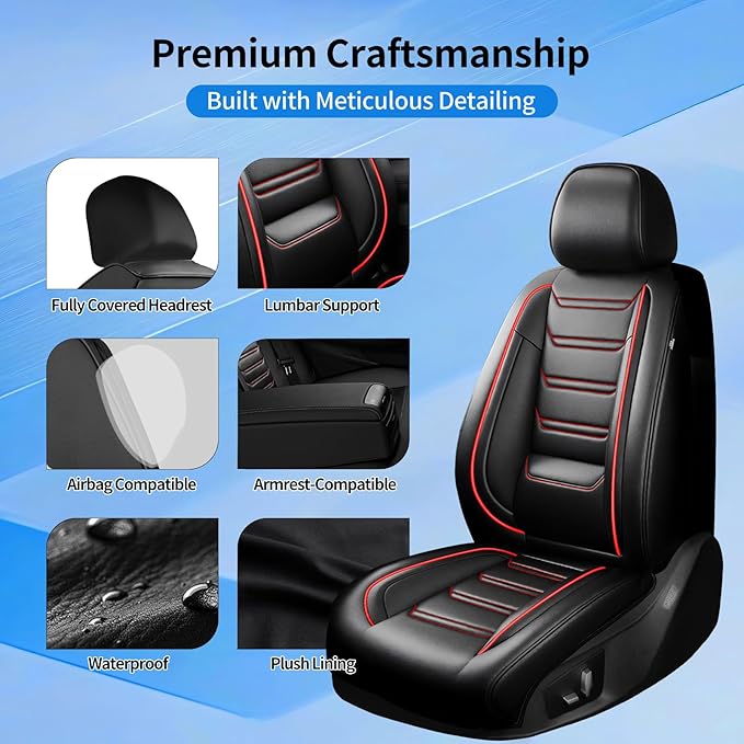 Fit Insight Car Seat Covers for Select Honda Insight 2010-2022, Premium Full Coverage Leather, Airbag Compatible & Scratch-Resistant, Waterproof All Weather Seat Protector, Full Set, Red Trim