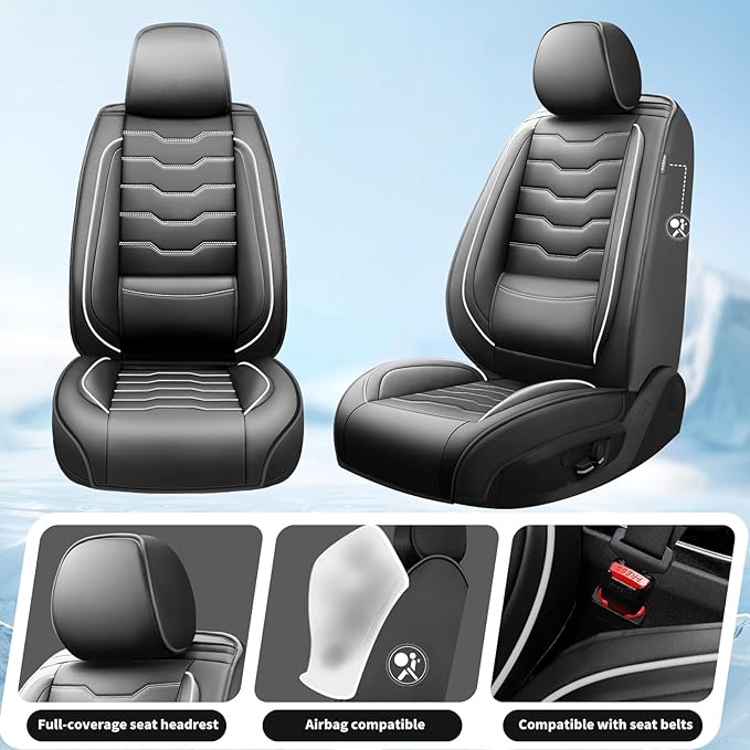 Fit Frontier Car Seat Covers Premium Leather for Nissan Frontier 2009-2025 2026. Waterproof， Breathable, Scratch-Resistant & All-Weather Seat Cushion Protector（Full Set,White Line Black