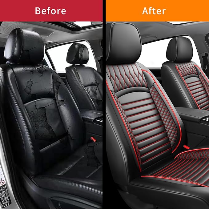 Fit Ridgeline Car Seat Covers for Honda Ridgeline 2007-2025 2026 - Upgraded Premium Waterproof & Breathable Leather, Airbag Compatible, All-Weather Seat Cushion Protector (2 Front/Black+Red)