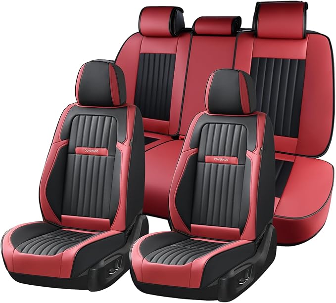 Coverado Car Seat Covers Full Set, Seat Covers for Cars, Car Seat Cover, Car Seat Protector, Leather Car Seat Cushion, Waterproof Car Seat Covers Front Seats and Back Fit for Most Cars(Red&Black)