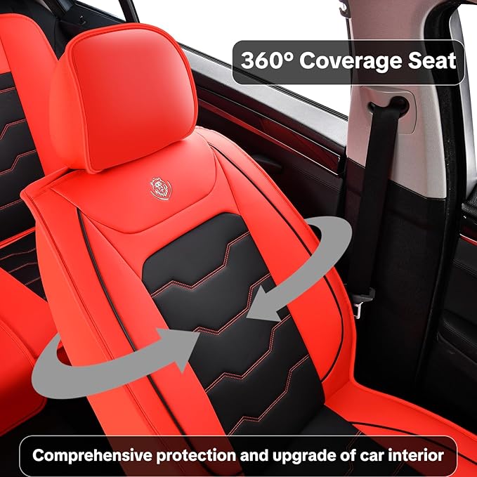 Red Car Seat Covers Complete Set, Universal Car Seat Covers for Cars, Premium Waterproof Leather, Protect & Upgrade Car Interiors, Airbag Compatible, Easy to Install & Clean Up