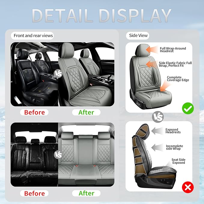 Fit Tucson Car Seat Covers Compatible with Hyundai Tucson 2010-2026, Premium Leather Breathable, Wear Resistant, Airbag Compatible, All-Weather Protection & Full Coverage, 2 Front Seat Gray