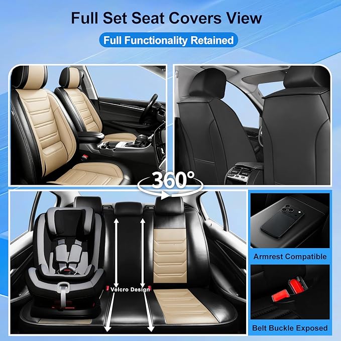Car Seat Covers for Select Honda Fit 2007-2020, Premium Full Coverage Leather, Airbag Compatible& Scratch-Resistant, Waterproof & All Weather Breathable Seat Protector, Full Set, Black+Beige