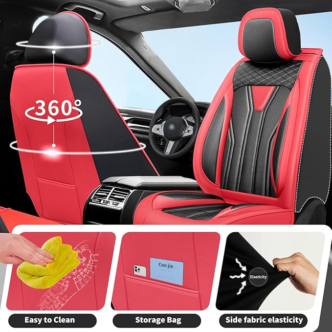Fit Frontier Car Seat Covers Premium Leather for Nissan Frontier 2009-2025 2026. Waterproof， Breathable, Scratch-Resistant & All-Weather Seat Cushion Protector（Front Seat,Red&Black