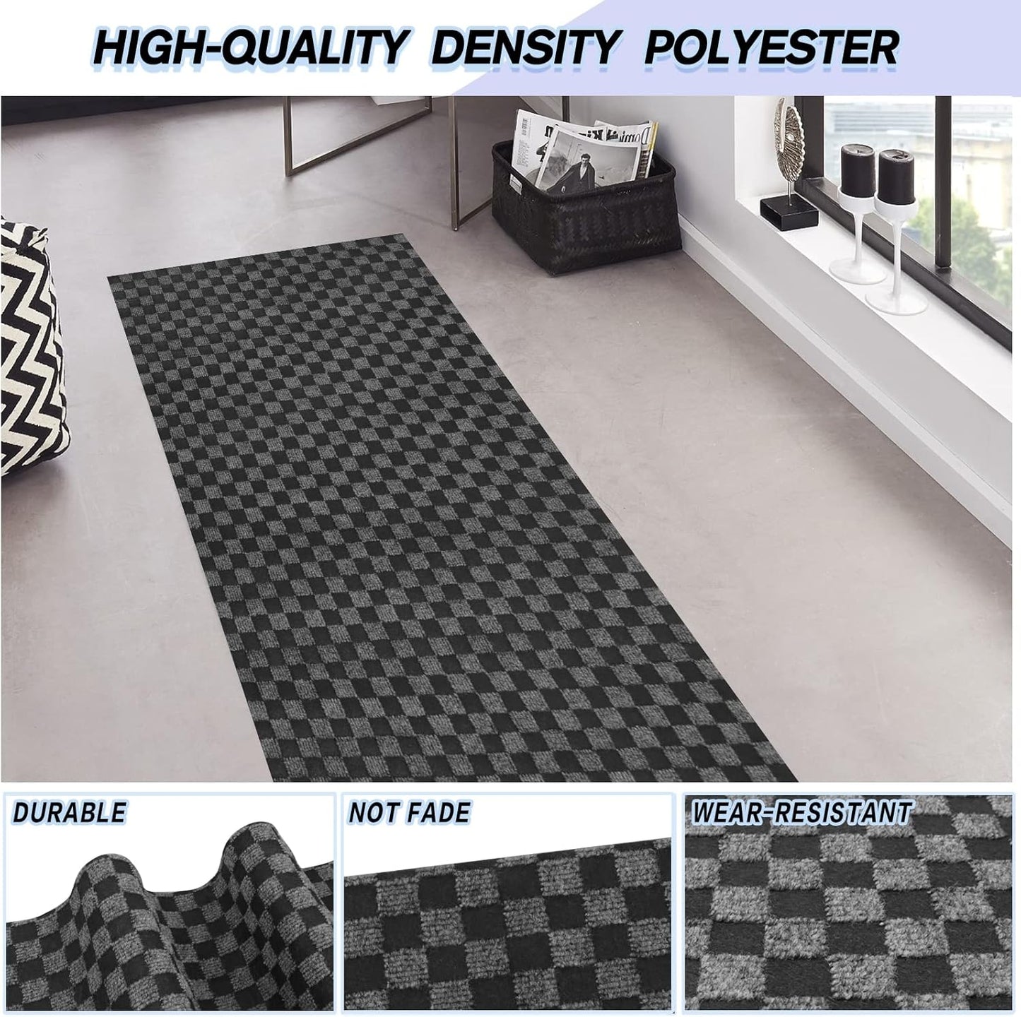 Custom Size Backed Non-Slip Area Rugs Runner, Easy Clean, Waterproof Runner Rugs for Hallway Entryway, Kitchen, Laundry, 2FT x 76FT, Gray Checkered