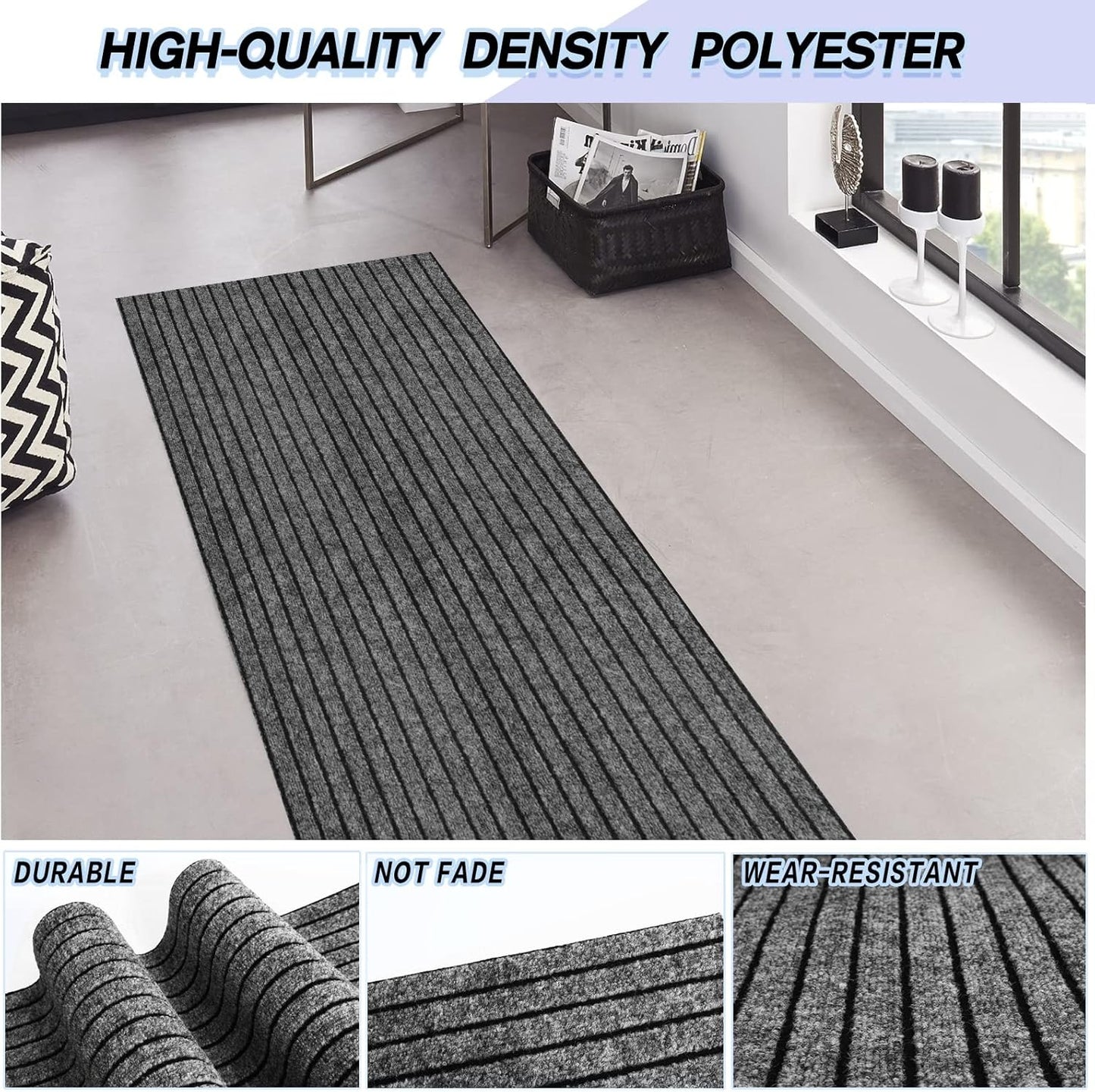 Custom Size Backed Non-Slip Area Rugs Runner, Easy Clean, Waterproof Runner Rugs for Hallway Entryway, Kitchen, Laundry, 3FT x 9FT, Gray Stripe