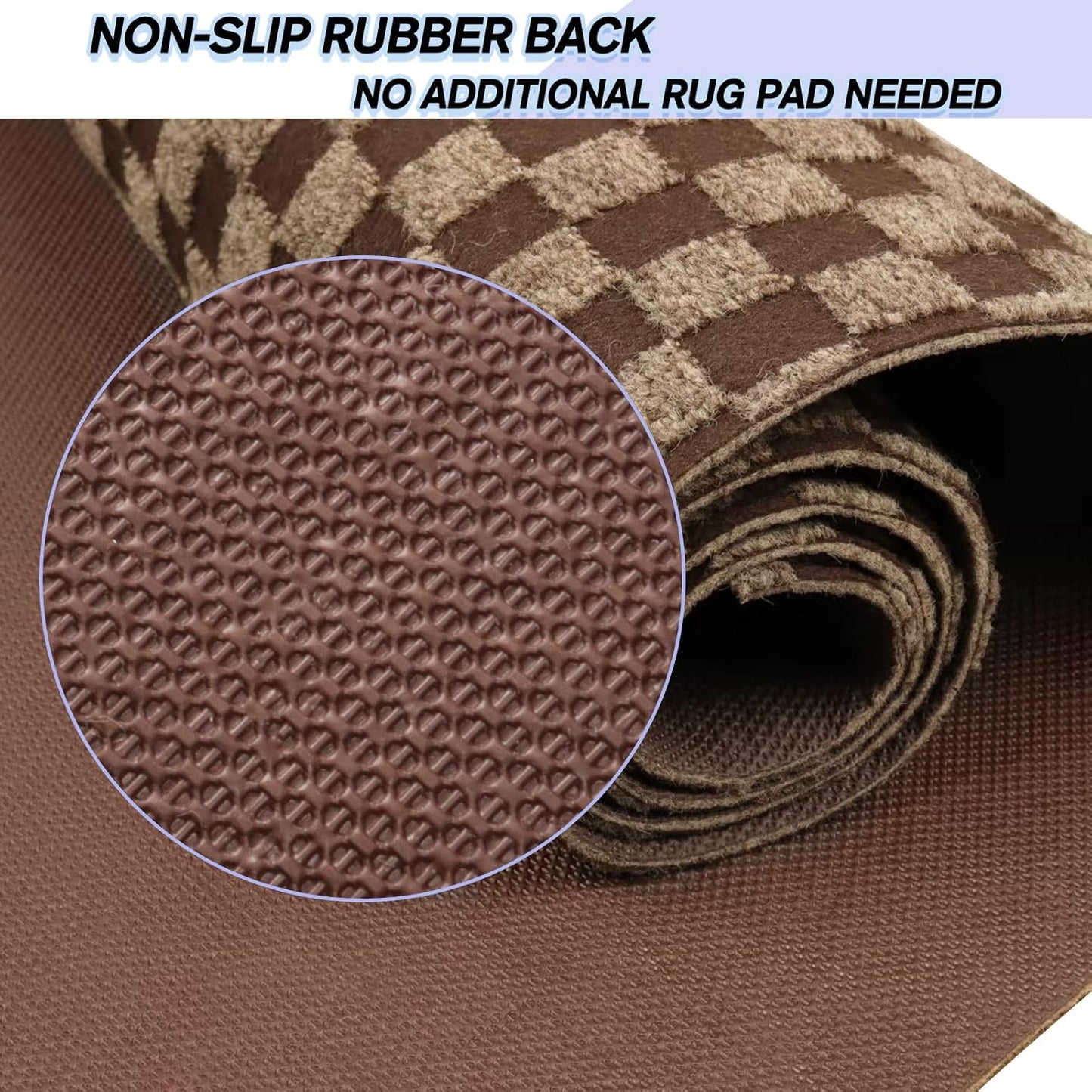 Custom Size Backed Non-Slip Area Rugs Runner, Easy Clean, Waterproof Runner Rugs for Hallway Entryway, Kitchen, Laundry, 2FT x 71FT, Brown Checkered