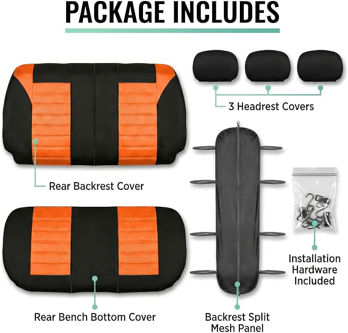 FH Group Automotive Car Seat Covers Rear Set Premium 3D Air Mesh Seat Covers, Airbag Compatible and Split Bench Cover Universal Fit Interior Accessories for Cars Trucks and SUVs - Orange