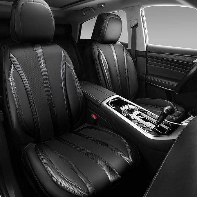 CAR PASS Carbon Fiber Nappa Leather Car Seat Covers Front Only Cushioned Leatherette 2 Piece Padded Waterproof Universal Fit for Cars SUV Truck Pickup Automotive Vehicle Interior, 2PCS Black