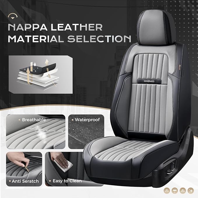 Coverado Car Seat Covers Front Seats, Seat Covers for Cars, Car Seat Protector, 2-Pack Car Seat Cushion Nappa Leather, Waterproof Seat Covers Carseat Cover Universal Fit for Most Cars(Black&Gray)