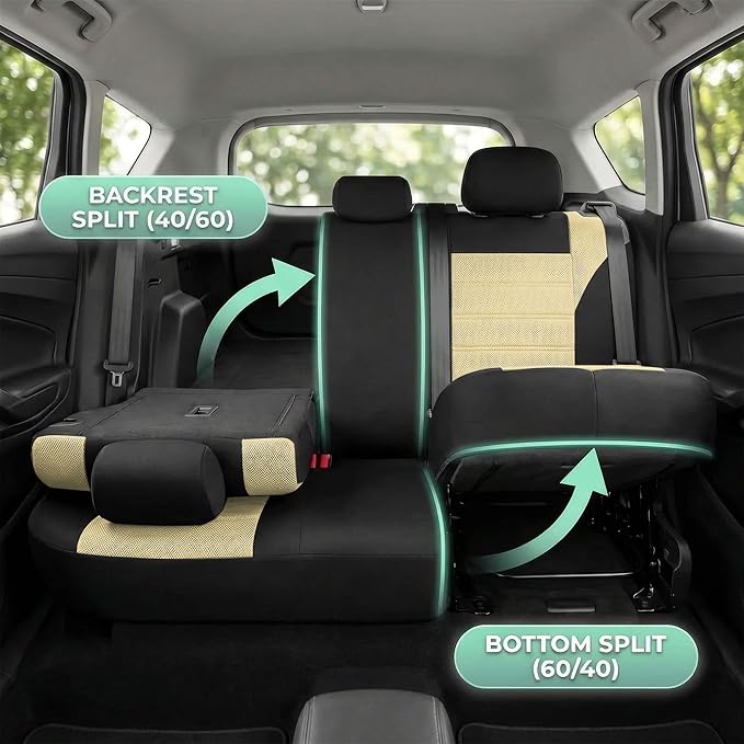 FH Group Automotive Car Seat Covers Full Set Premium 3D Air Mesh Front Seat Covers, Airbag Compatible & Split Bench Cover Universal Fit Interior Accessories for Cars Trucks and SUVs - Beige