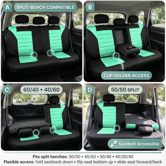 FH Group Automotive Car Seat Covers Rear Set Premium 3D Air Mesh Seat Covers, Airbag Compatible and Split Bench Cover Universal Fit Interior Accessories for Cars Trucks and SUVs - Mint