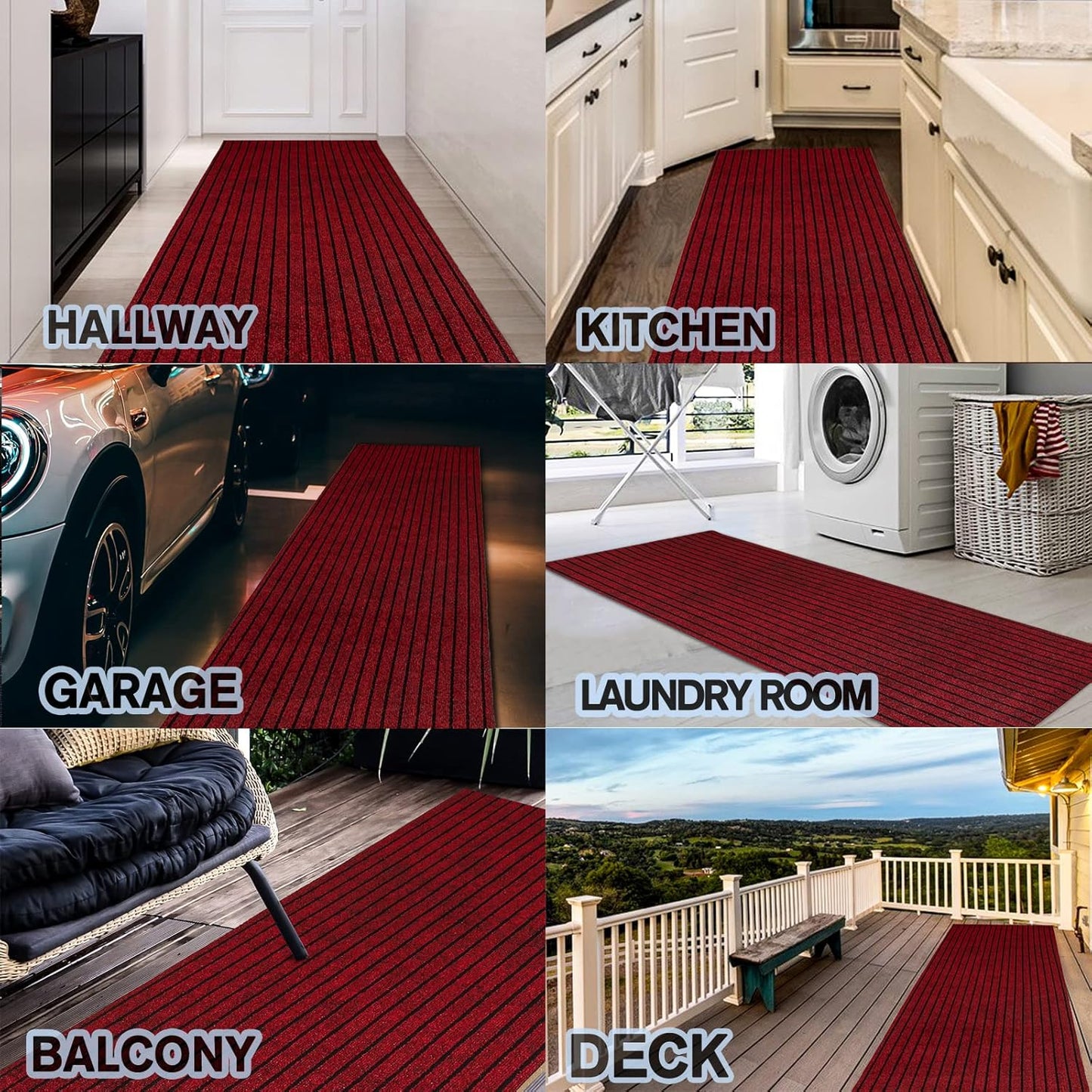 Custom Size Backed Non-Slip Area Rugs Runner, Easy Clean, Waterproof Runner Rugs for Hallway Entryway, Kitchen, Laundry, 2FT x 32FT, Red Stripe