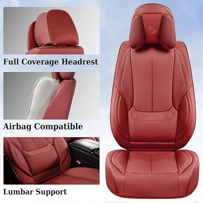 Coverado Universal Seat Covers Full Set, 5 Seats Universal Seat Covers for Cars, Waterproof Faux Leather Car Seat Covers with Head Pillow, Auto Protectors Fit for Most Sedans SUV Pick-up Truck-Red