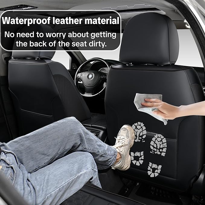 Black Car Seat Cover Complete Set, Universal Car Seat Cover for Car with Lumbar Support, Premium Artificial Leather, Waterproof and Easy to Clean, Airbag Compatible, Suitable for Most Cars