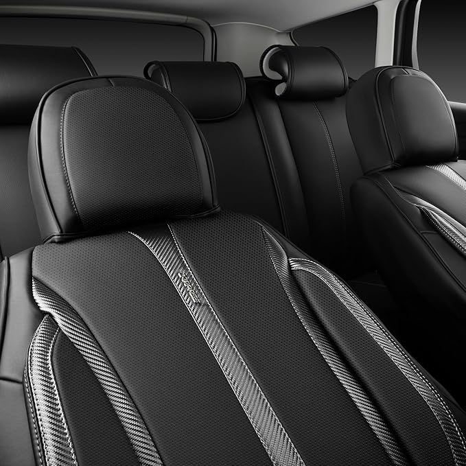 CAR PASS Nappa Leather Car Seat Covers Cushioned, Waterproof Leatherette Seat Covers Anti-Slip 5 Seats, Universal for Cars,SUV,Pick-Up,Truck,Sedan,Vehicles Sports(Full Set Black Charcoal Carbon Fiber)