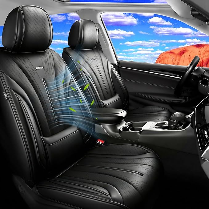 Car Seat Covers (Front Pair) for Select Honda Fit 2007-2020, Premium Full Coverage Leather, Airbag Compatible& Scratch-Resistant, Waterproof & All Weather Breathable Seat Protector, Black