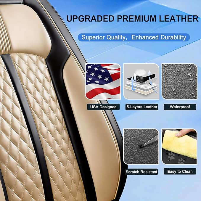 Fit Civic Car Seat Covers for Honda Civic 2020-2026 Sedan(Not for Coupe) - Premium Full Coverage Leather, Waterproof All Weather Breathable Seat Cushion Protector, Front Pair Black+Beige