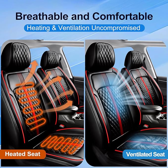 Fit Ridgeline Car Seat Covers for Select Honda Ridgeline 2007-2026 - Premium Full Coverage Leather, Airbag Compatible, Waterproof All Weather Seat Cushion Protector, Full Set, Red Trim
