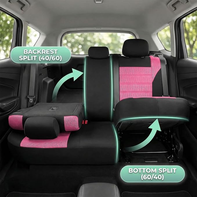 FH Group Automotive Car Seat Covers Full Set Premium 3D Air Mesh Front Seat Covers, Airbag Compatible & Split Bench Cover Universal Fit Interior Accessories for Cars Trucks and SUVs - Pink
