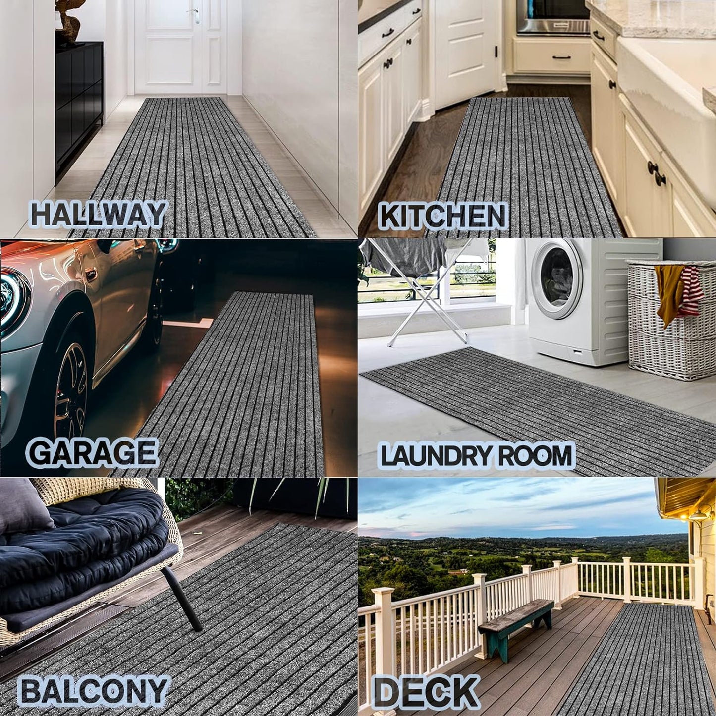 Custom Size Backed Non-Slip Area Rugs Runner, Easy Clean, Waterproof Runner Rugs for Hallway Entryway, Kitchen, Laundry, 2FT x 77FT, Gray Stripe