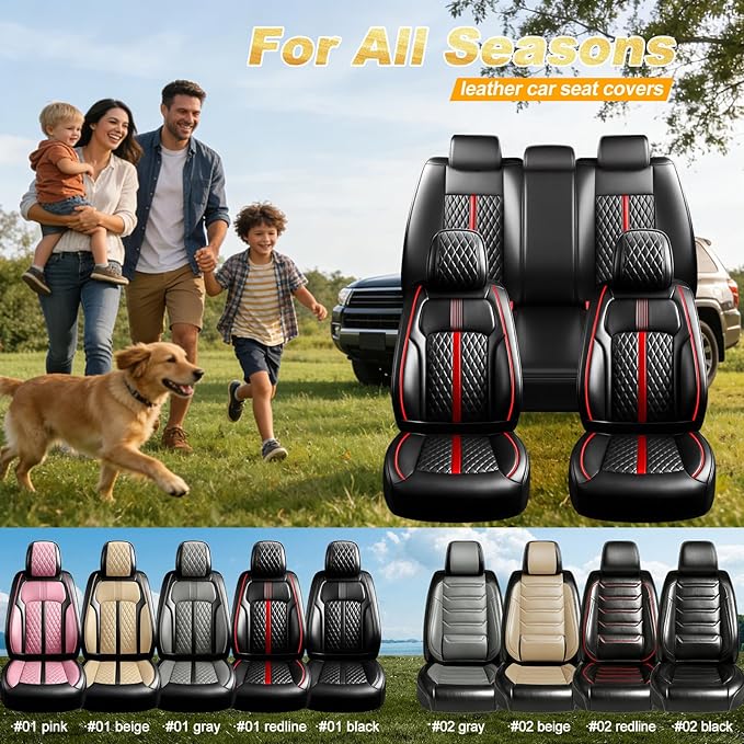 Fit Ridgeline Car Seat Covers for Select Honda Ridgeline 2007-2026 - Premium Full Coverage Leather, Airbag Compatible, Waterproof All Weather Seat Cushion Protector, Full Set, Red Trim
