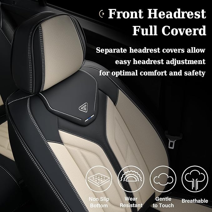 Coverado Front Seat Covers, Car Seat Covers Front Seats, Leather Seat Covers for Cars, Automotive Seat Covers Car Seat Protector Car Accessories Fit for Most Sedans SUV Pick-up Truck(Black&Beige)