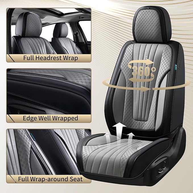 FLORICH Car Seat Covers, Premium Leatherette Car Seat Covers Full Set, Automotive Vehicle Seat Cushions Front Seats and Back, Waterproof Seat Protectors for Sedans Cars SUV Trucks, Black&Gray