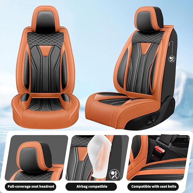 Fit Frontier Car Seat Covers Premium Leather for Nissan Frontier 2009-2025 2026. Waterproof， Breathable, Scratch-Resistant & All-Weather Seat Cushion Protector（Full Set,Orange&Black