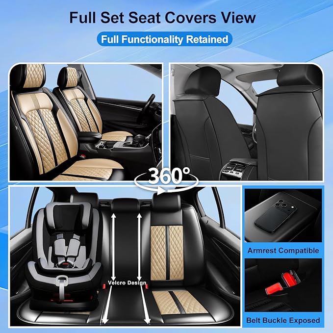 Fit HR-V Car Seat Covers for Honda HRV 2016-2025 2026 LX/EX/EXL/Sport - Full Coverage Leather, Airbag Compatible, Breathable Waterproof All Weather Seat Protector, Full Set, Black+Beige
