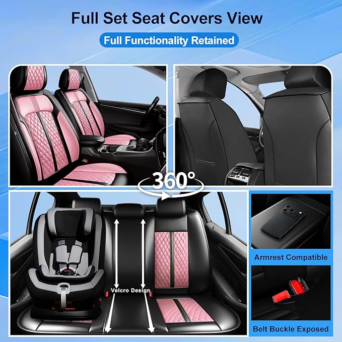 Car Seat Covers for Select Honda Fit 2007-2020, Premium Full Coverage Leather, Airbag Compatible& Scratch-Resistant, Waterproof & All Weather Breathable Seat Protector, Front Pair Black+Pink