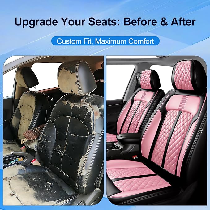 Fit Ridgeline Car Seat Covers for Select Honda Ridgeline 2007-2026 - Premium Full Coverage Leather, Airbag Compatible, Waterproof & All Weather Seat Cushion Protector, Full Set, Black+Pink