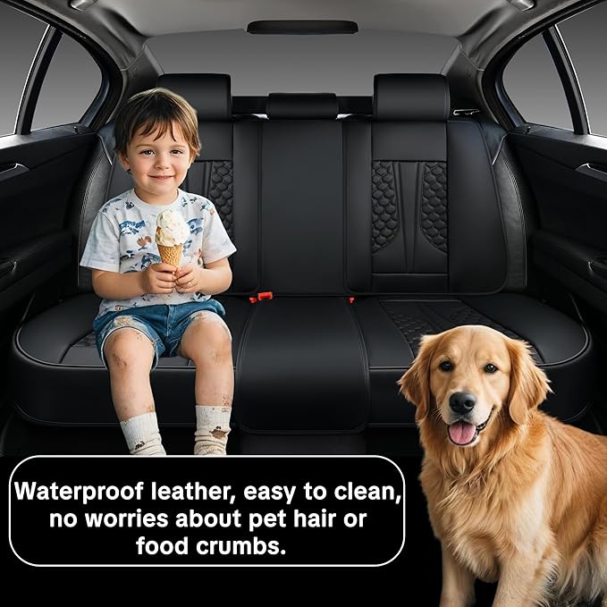 Black Leather Car Seat Covers - Luxury Waterproof Car Seat Covers with Lumbar Support, Non-Slip Base, and Airbag Compatibility; Suitable for Sedans, Suvs, and Pickups.